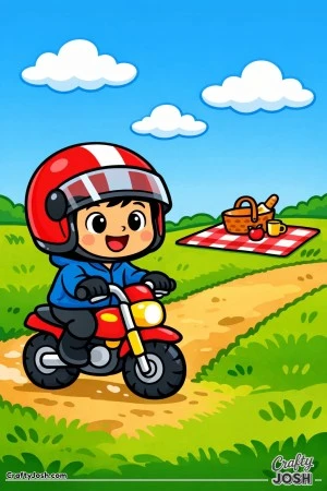 This easy motorcycle coloring page shows a happy young child riding a small bike toward a fun picnic, designed with simple shapes for toddlers and ..