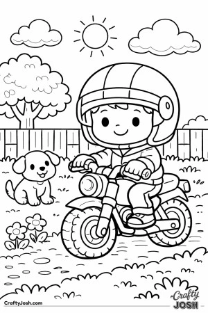 A young rider on motorcycle going through a backyard while a cute puppy watches nearby.