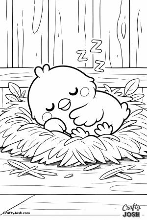 A baby chick is curled up asleep in a straw nest with wooden barn planks behind it