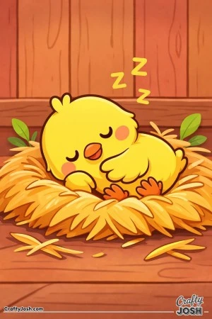 A baby chick is curled up asleep in a straw nest with wooden barn planks behind it