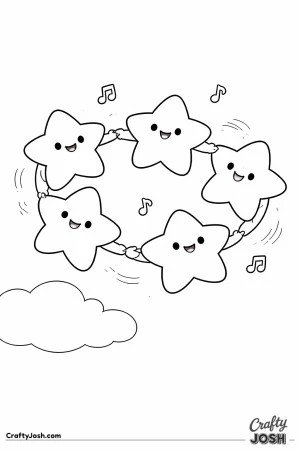 This picture shows five smiling star creatures holding hands and dancing in a circle in the sky with a cloud and music notes