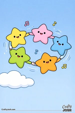 This picture shows five smiling star creatures holding hands and dancing in a circle in the sky with a cloud and music notes