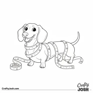 Dachshund tangled in measuring tape