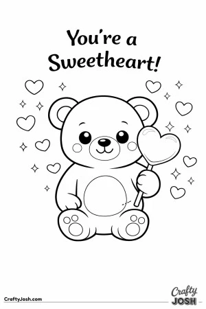A slightly chubby teddy bear holds a smooth heart-shaped lollipop while candy hearts and sparkles float around it beneath the phrase “You’re a ..