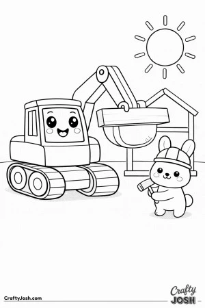 This cute digger coloring page features a happy excavator holding a wooden beam while a bunny construction helper stands nearby with a hammer.