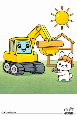 This cute digger coloring page features a happy excavator holding a wooden beam while a bunny construction helper stands nearby with a hammer.