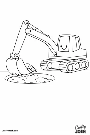 This coloring page shows a large digger with a thick arm reaching down into a shallow round hole in the ground