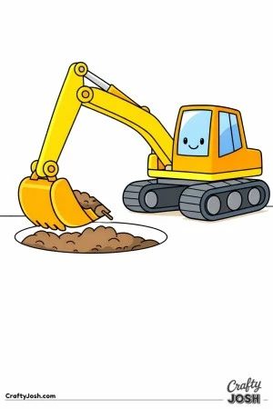 This coloring page shows a large digger with a thick arm reaching down into a shallow round hole in the ground