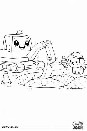 This coloring page shows a cute digger lowering its big bucket into a large round hole while a small puppy wearing a helmet stands nearby.