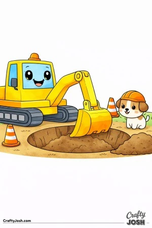 This coloring page shows a cute digger lowering its big bucket into a large round hole while a small puppy wearing a helmet stands nearby.