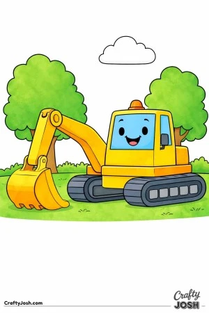 This coloring page shows a large digger with a thick arm and wide bucket parked on grassy ground between two rounded trees and a cloud.