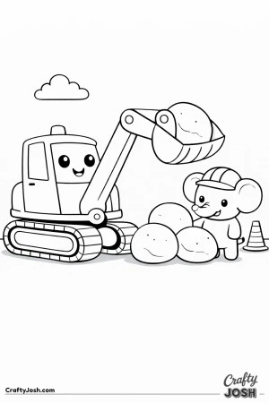 This cute digger features a thick arm lifting a large rounded rock with a friendly elephant construction helper standing beside a rock pile.