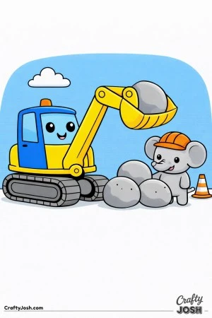This cute digger features a thick arm lifting a large rounded rock with a friendly elephant construction helper standing beside a rock pile.