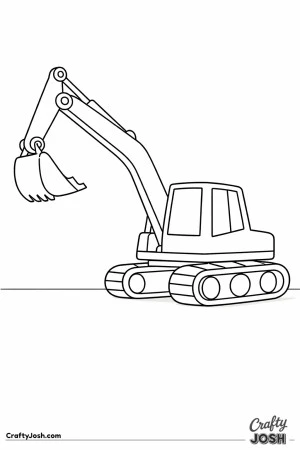 This coloring page shows a large digger with a thick arm lifted high and a big empty bucket above its wide tracks