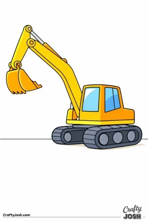 This coloring page shows a large digger with a thick arm lifted high and a big empty bucket above its wide tracks