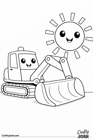 This cute digger features a thick arm, large bucket, and rounded shapes with a giant smiling sun overhead The bold outlines and large open spaces ..