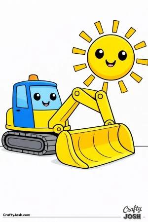 This cute digger features a thick arm, large bucket, and rounded shapes with a giant smiling sun overhead The bold outlines and large open spaces ..