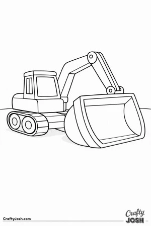 This simple digger coloring page features a large excavator with an oversized rounded bucket that fills much of the lower page