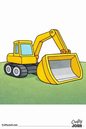 This simple digger coloring page features a large excavator with an oversized rounded bucket that fills much of the lower page