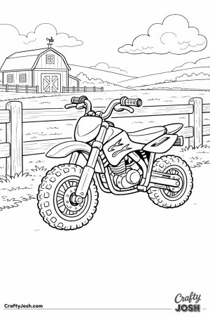 A small chibi-style dirt bike is parked beside a farm fence with a barn and rolling fields in the background.