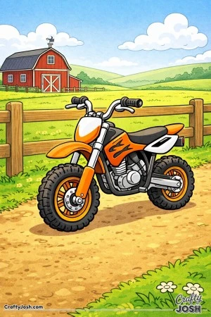 A small chibi-style dirt bike is parked beside a farm fence with a barn and rolling fields in the background.