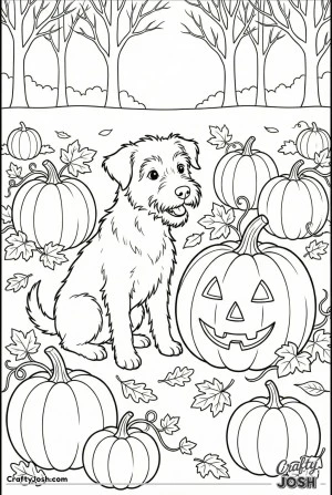 Dog in pumpkin patch