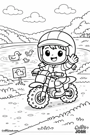 A chibi-style girl sits on a small motorcycle beside a duck pond, waving in a friendly outdoor scene made for young children.