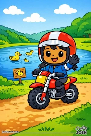 A chibi-style girl sits on a small motorcycle beside a duck pond, waving in a friendly outdoor scene made for young children.