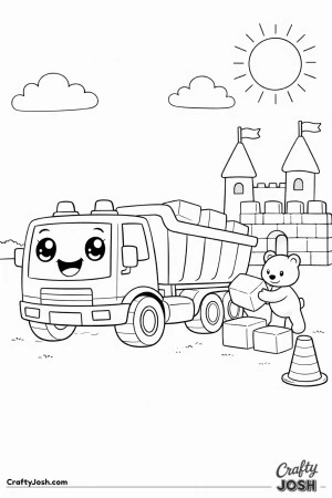 This coloring page shows a dump truck delivering large stone blocks while a bear helper builds a simple castle with rounded towers under a big sun