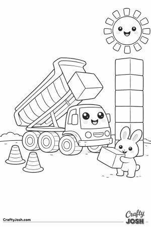 This dump truck coloring page shows a rounded truck delivering giant blocks to help build a tall playful tower