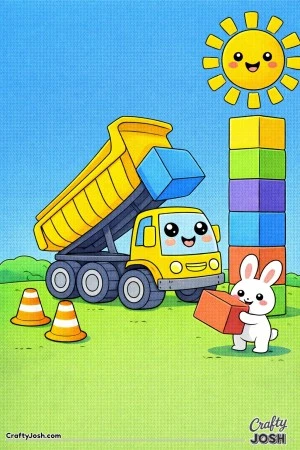 This dump truck coloring page shows a rounded truck delivering giant blocks to help build a tall playful tower
