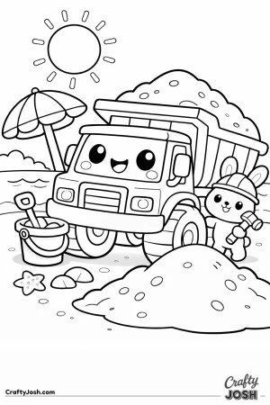 This cute dump truck coloring page features a happy truck filled with sand at a simple beach construction scene with a sun, umbrella, and ocean line