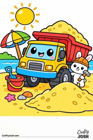 This cute dump truck coloring page features a happy truck filled with sand at a simple beach construction scene with a sun, umbrella, and ocean line