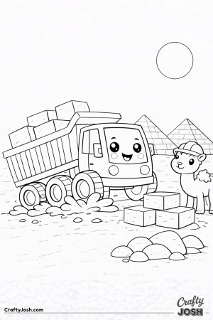 This coloring page shows a modern dump truck carrying large stone blocks in a desert scene with two simple pyramids and a bright sun overhead