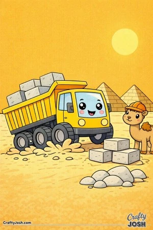 This coloring page shows a modern dump truck carrying large stone blocks in a desert scene with two simple pyramids and a bright sun overhead