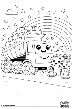 Dump truck featuring a raised bed filled with blocks and oversized wheels as it leads a playful construction festival parade with animal helpers ..