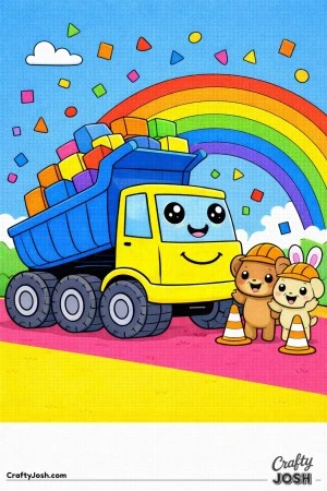Dump truck featuring a raised bed filled with blocks and oversized wheels as it leads a playful construction festival parade with animal helpers ..