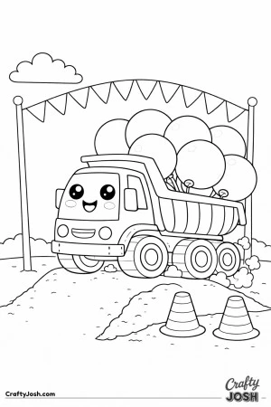 This dump truck coloring page features a rounded truck carrying oversized balloons in its bed at a playful construction festival scene