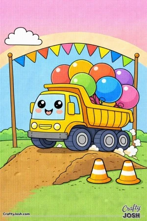 This dump truck coloring page features a rounded truck carrying oversized balloons in its bed at a playful construction festival scene