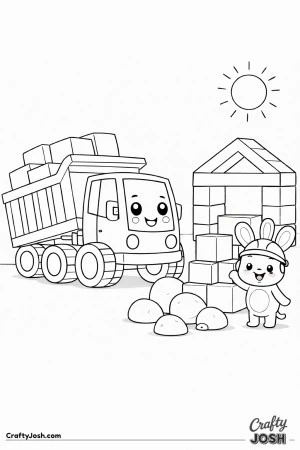 This coloring page shows a cute dump truck carrying large square blocks to help build a simple house frame while a bunny wearing a helmet stands ..
