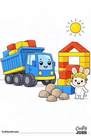 This coloring page shows a cute dump truck carrying large square blocks to help build a simple house frame while a bunny wearing a helmet stands ..