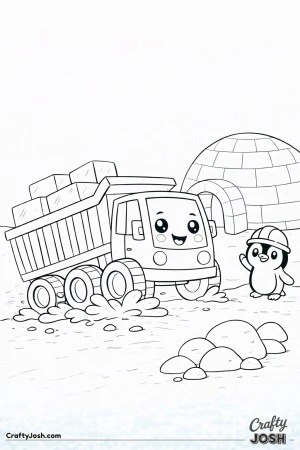 This coloring page shows a cute dump truck carrying large rectangular ice blocks beside a simple igloo in a snowy arctic scene