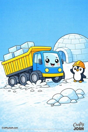 This coloring page shows a cute dump truck carrying large rectangular ice blocks beside a simple igloo in a snowy arctic scene