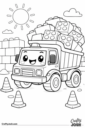 This dump truck coloring page features a happy truck delivering oversized building blocks to a simple construction site with cones and a bright sun