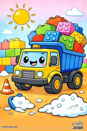 This dump truck coloring page features a happy truck delivering oversized building blocks to a simple construction site with cones and a bright sun