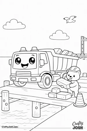 This coloring page shows a dump truck delivering large wooden planks at a simple harbor dock while a bear helper in a helmet carries a block nearby.