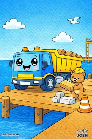 This coloring page shows a dump truck delivering large wooden planks at a simple harbor dock while a bear helper in a helmet carries a block nearby.