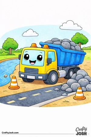 This coloring page shows a cute dump truck with big oval eyes and a happy smile helping build a simple road.