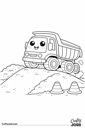 This dump truck coloring page features a sporty rounded truck driving up a small dirt ramp at a construction site