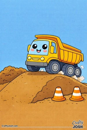 This dump truck coloring page features a sporty rounded truck driving up a small dirt ramp at a construction site